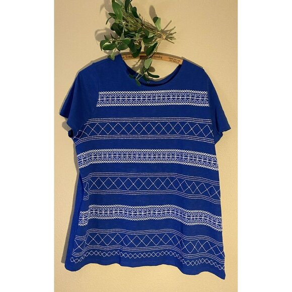 COPY - Talbots T-Shirt Top Size 1X Blue White Embroidered Short Sleeve Crew Nec… - Picture 1 of 7